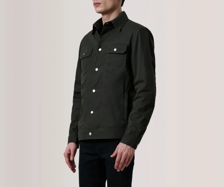 Colberto Olive Waxed Canvas Trucker Jacket — Side Profile View