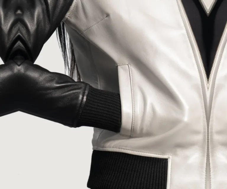 Cole Silver Leather Bomber Jacket Luxury Women's Outerwear — Macro Hardware & Leather Grain