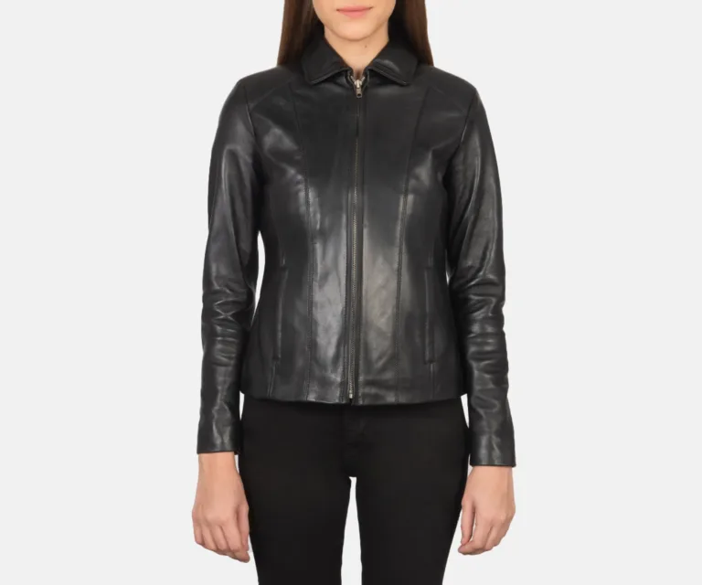 Colette Black Leather Jacket Luxury Women's Biker Jacket — Three-Quarter Editorial Perspective