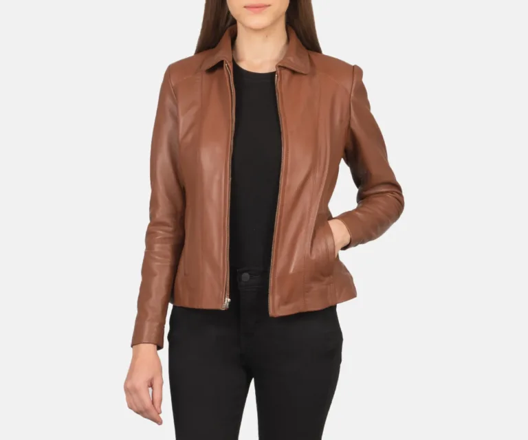 Colette Brown Leather Jacket Luxury Women's Biker Jacket — Front Silhouette Hero Presentation