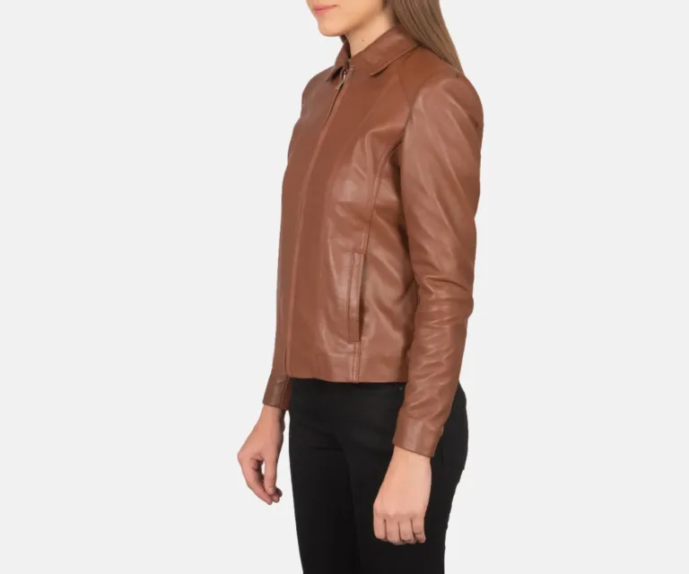 Colette Brown Leather Jacket Luxury Women's Biker Jacket — Three-Quarter Editorial Perspective