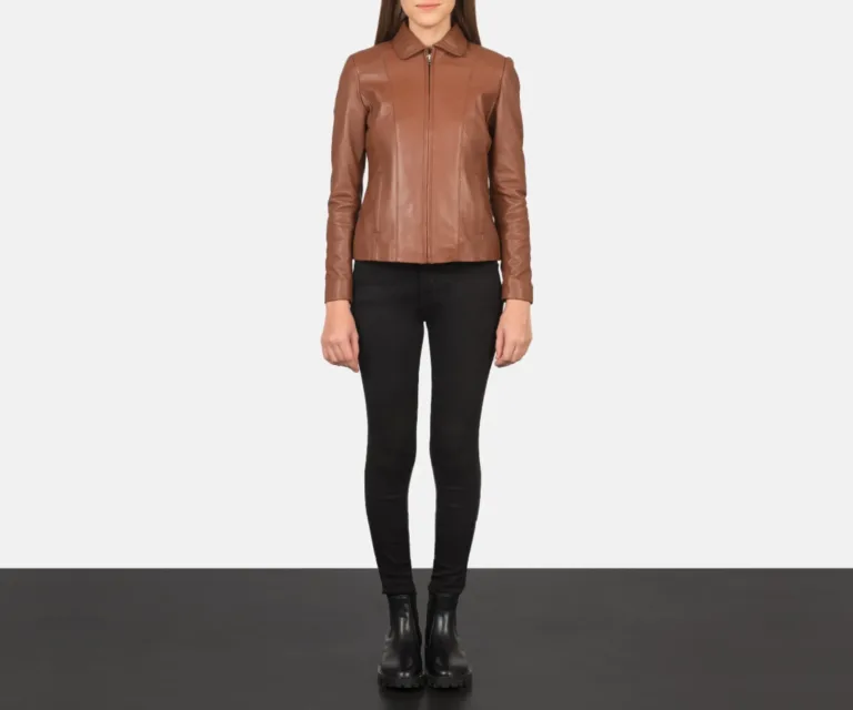 Colette Brown Leather Jacket Luxury Women's Biker Jacket — Asymmetrical Zipper & Lapel Architecture