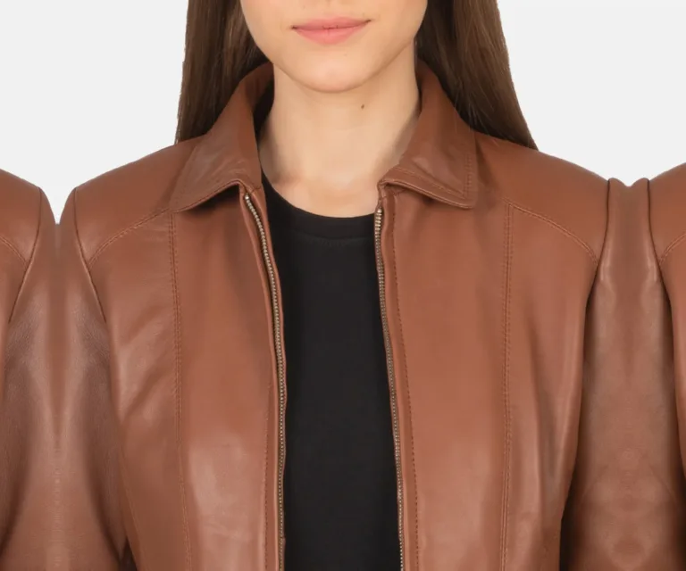 Colette Brown Leather Jacket Luxury Women's Biker Jacket — Full-Length Silhouette & Drape