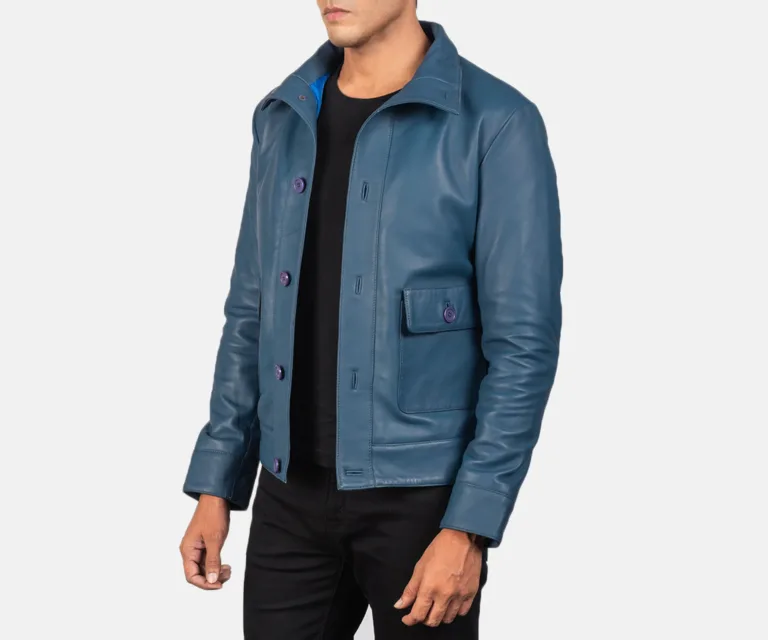 Columbus Blue Leather Bomber Jacket — view 2