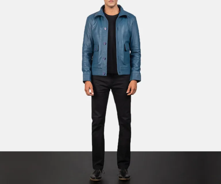Columbus Blue Leather Bomber Jacket — view 3