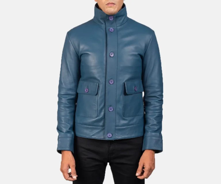 Columbus Blue Leather Bomber Jacket — view 4