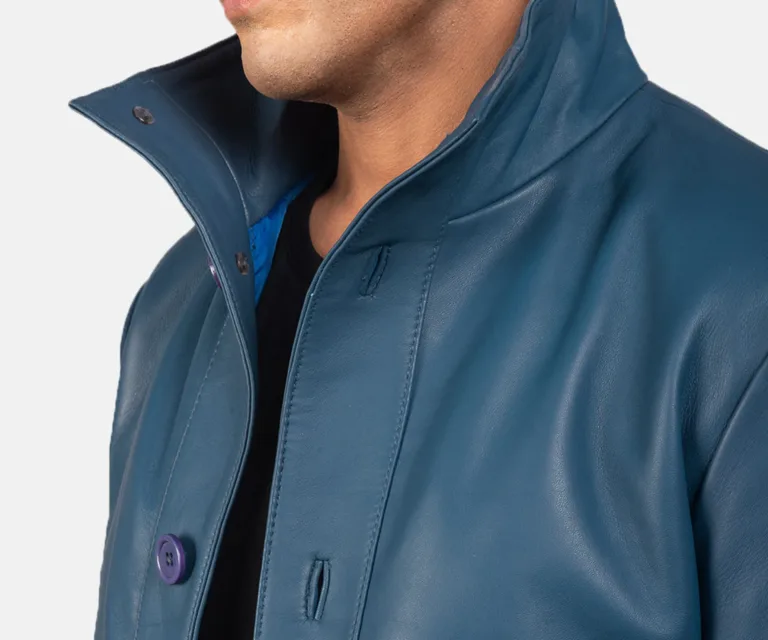 Columbus Blue Leather Bomber Jacket — view 6
