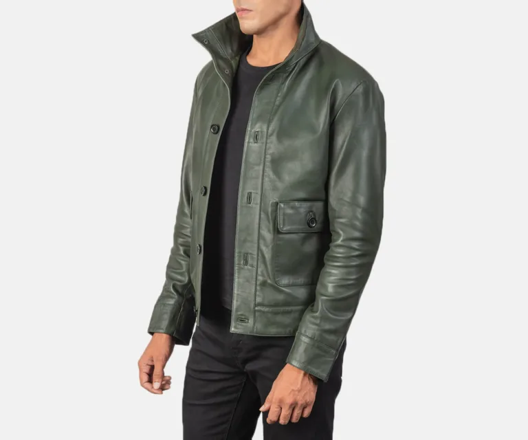 Columbus Green Leather Bomber Jacket — view 2