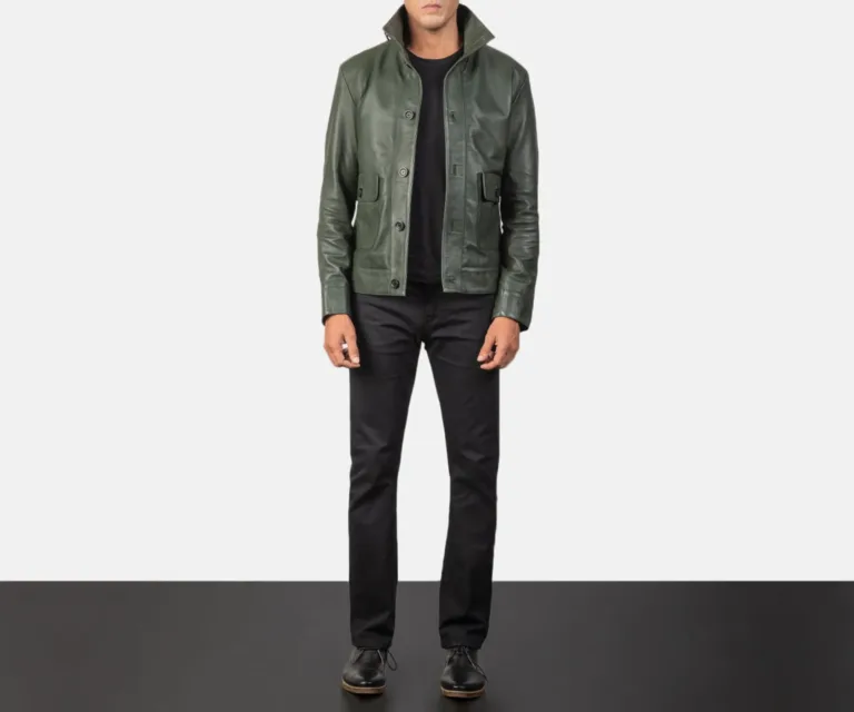 Columbus Green Leather Bomber Jacket — view 3