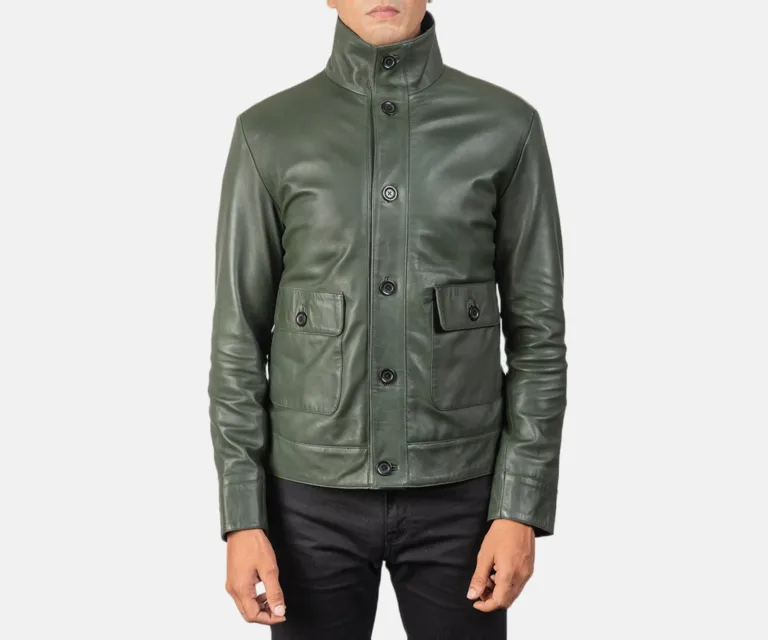 Columbus Green Leather Bomber Jacket — view 4