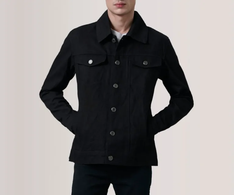 Conard Black Denim Trucker Jacket — Front Close-Up View