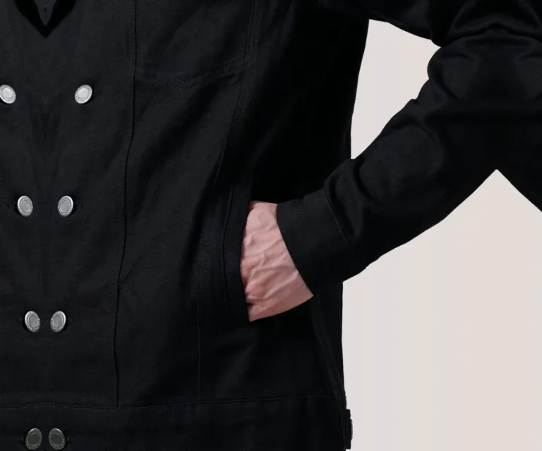 Conard Black Denim Trucker Jacket — Macro Hardware & Denim Texture