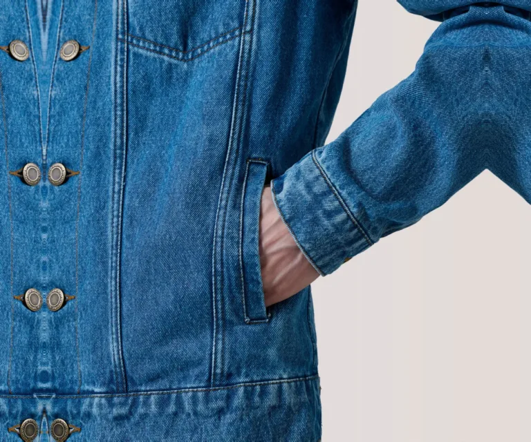 Conard Blue Denim Trucker Jacket — Macro Hardware & Fabric Texture