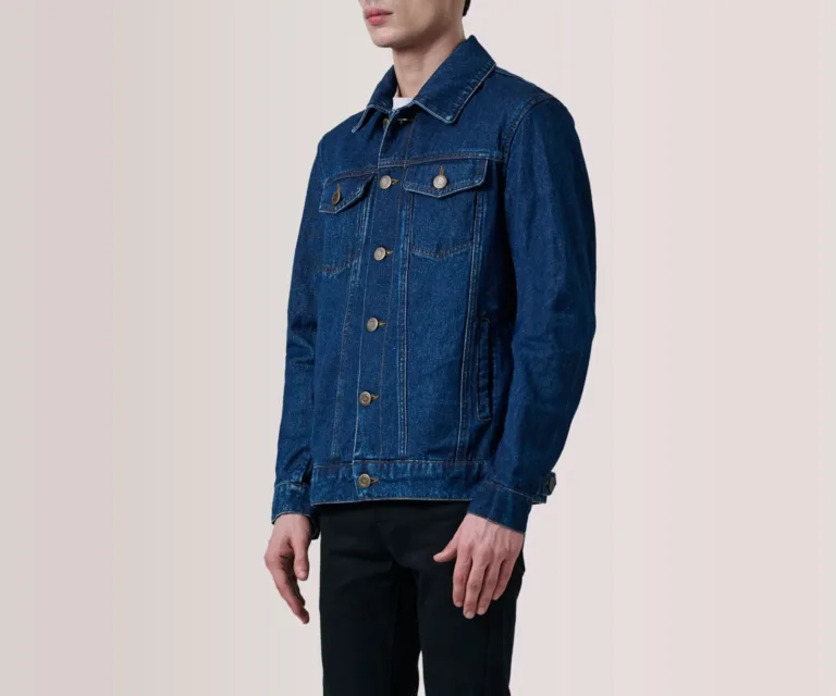 Conard Dark Blue Denim Trucker Jacket — Side Profile View