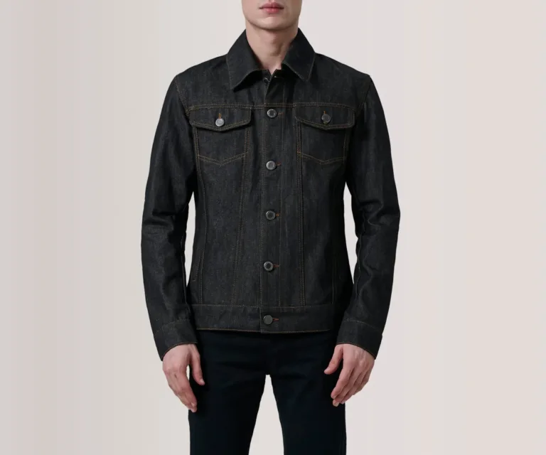 Conard Faded Black Denim Trucker Jacket — Front Close-Up View