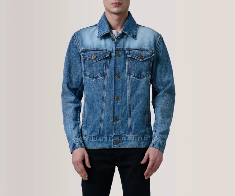 Conard Ice Blue Denim Trucker Jacket — Front Close-Up View