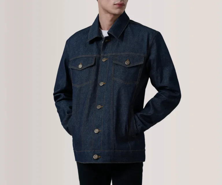 Conard Indigo Blue Denim Trucker Jacket — Front Close-Up View