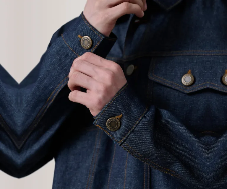 Conard Indigo Blue Denim Trucker Jacket — Macro Hardware & Fabric Texture
