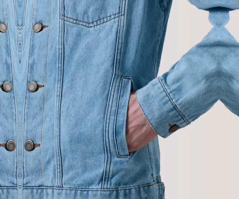 Conard Light Blue Denim Trucker Jacket — Macro Hardware & Fabric Texture