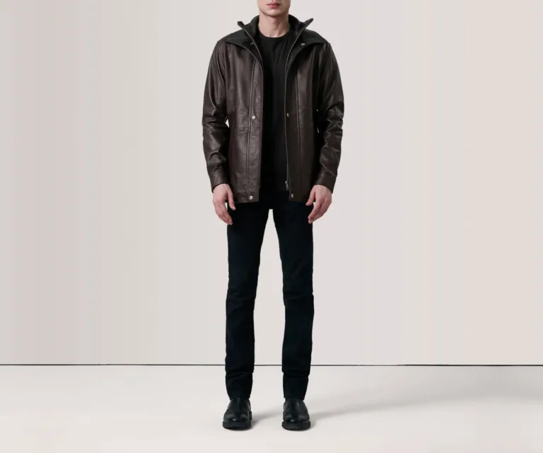 Connor Maroon Leather Coat — Three-Quarter Perspective
