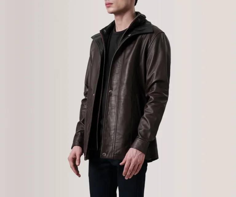 Connor Maroon Leather Coat — Front Detail & Closure