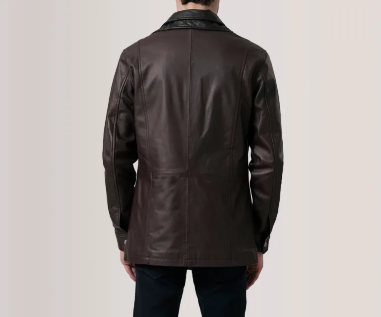 Connor Maroon Leather Coat — Rear Profile View