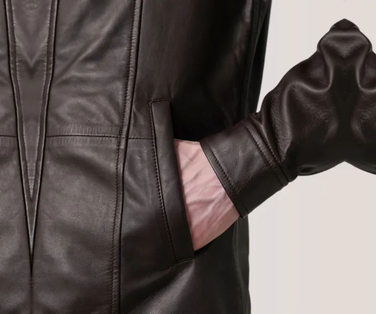 Connor Maroon Leather Coat — Full Editorial Model Perspective