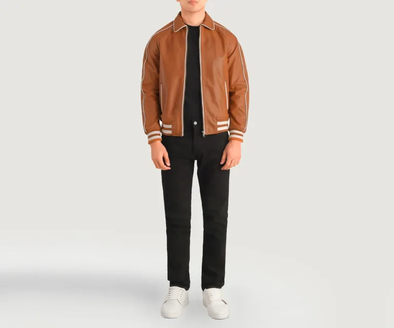 Cooper Tan Brown Leather Varsity Jacket — view 3