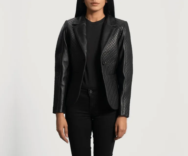 Cora Quilted Black Leather Blazer Luxury Women's Outerwear — Three-Quarter Editorial Perspective