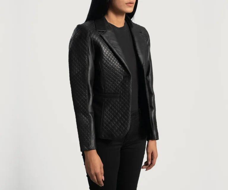 Cora Quilted Black Leather Blazer Luxury Women's Outerwear — Collar & Closure Architecture