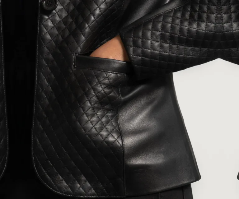 Cora Quilted Black Leather Blazer Luxury Women's Outerwear — Rear Profile & Tailored Seaming