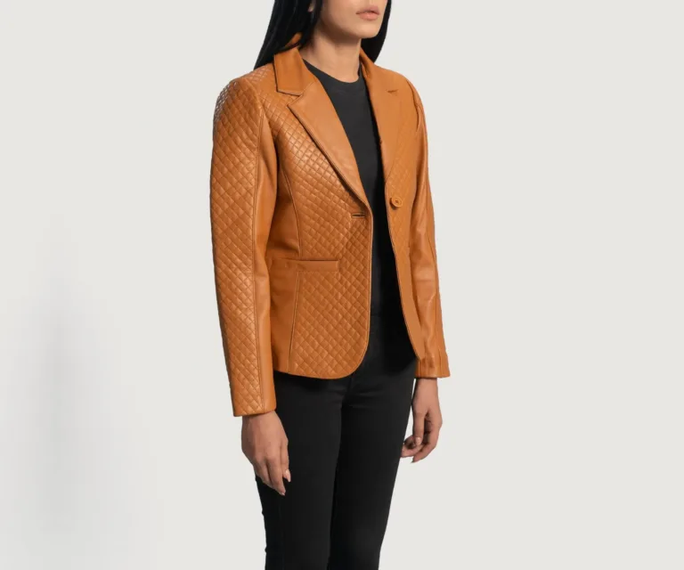 Cora Quilted Brown Leather Blazer Luxury Women's Outerwear — Three-Quarter Editorial Perspective