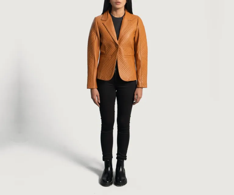Cora Quilted Brown Leather Blazer Luxury Women's Outerwear — Collar & Closure Architecture