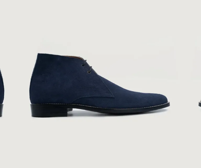 Corry Chukka Midnight Blue Suede Leather Boots Handcrafted Men's Footwear — Three-Quarter Perspective