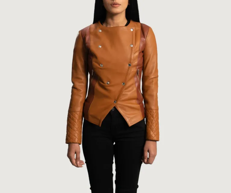 County Tan Overlap Leather Jacket Luxury Women's Biker Jacket — Front Silhouette Hero Presentation