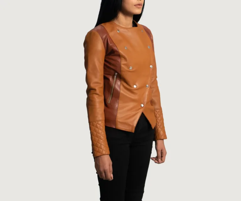 County Tan Overlap Leather Jacket Luxury Women's Biker Jacket — Three-Quarter Editorial Perspective