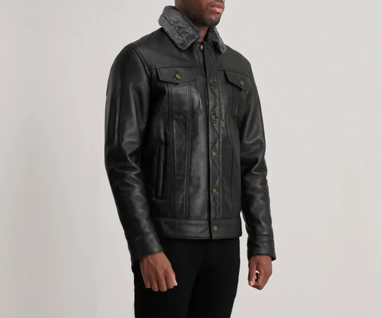 Dallis Black Leather Shearling Trucker Jacket — Quarter Angle Profile & Contoured Sleeve Detail
