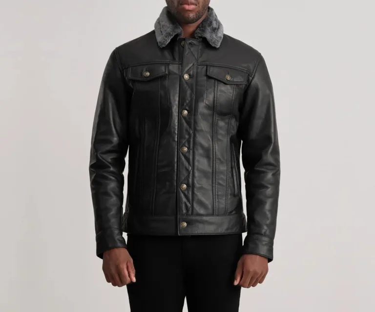 Dallis Black Leather Shearling Trucker Jacket — Rear Back View & Tailored Vent Hemline