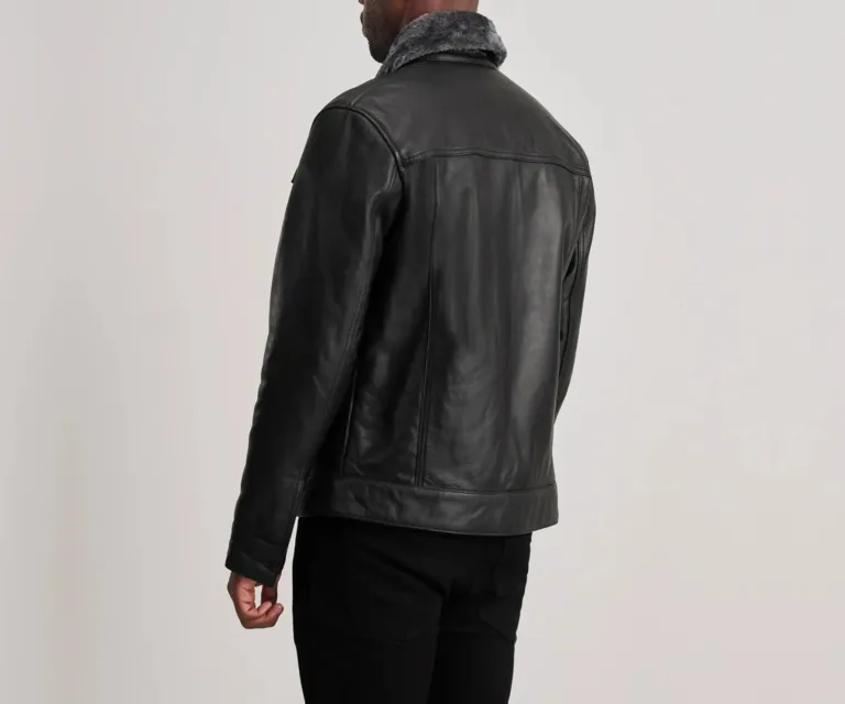 Dallis Black Leather Shearling Trucker Jacket — Macro Detail Fur Lining, Leather Grain & Buckles