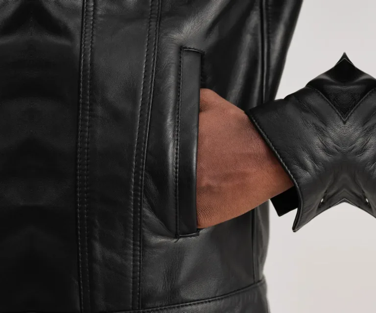 Dallis Black Leather Shearling Trucker Jacket — Full-Length Model Editorial Presentation