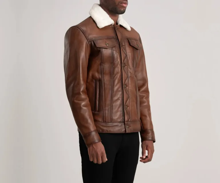 Dallis Brown Leather Shearling Trucker Jacket — Quarter Angle Profile & Contoured Sleeve Detail