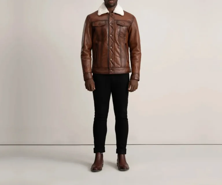 Dallis Brown Leather Shearling Trucker Jacket — Front Collar Fur & Buckle Detail