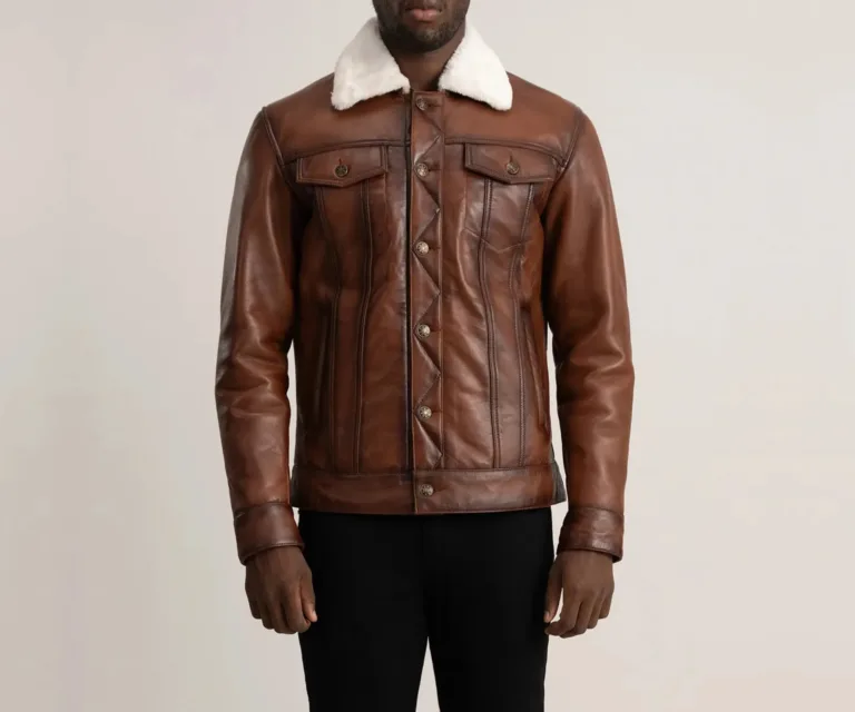 Dallis Brown Leather Shearling Trucker Jacket — Rear Back View & Tailored Vent Hemline