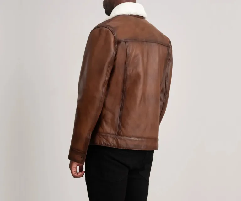 Dallis Brown Leather Shearling Trucker Jacket — Macro Detail Fur Lining, Leather Grain & Buckles