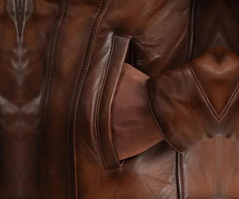 Dallis Brown Leather Shearling Trucker Jacket — Full-Length Model Editorial Presentation