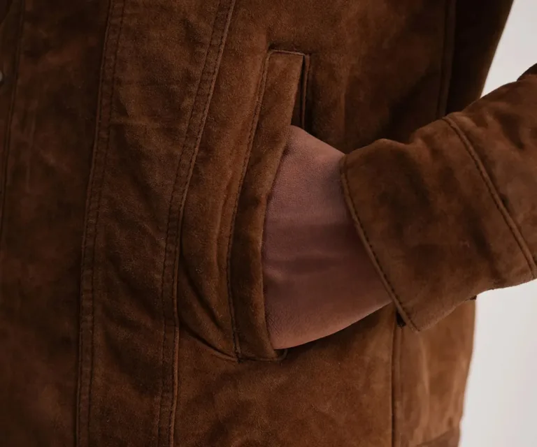 Dallis Brown Suede Shearling Trucker Jacket — view 5