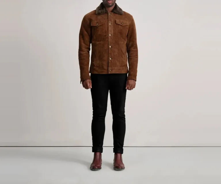 Dallis Brown Suede Shearling Trucker Jacket — view 6