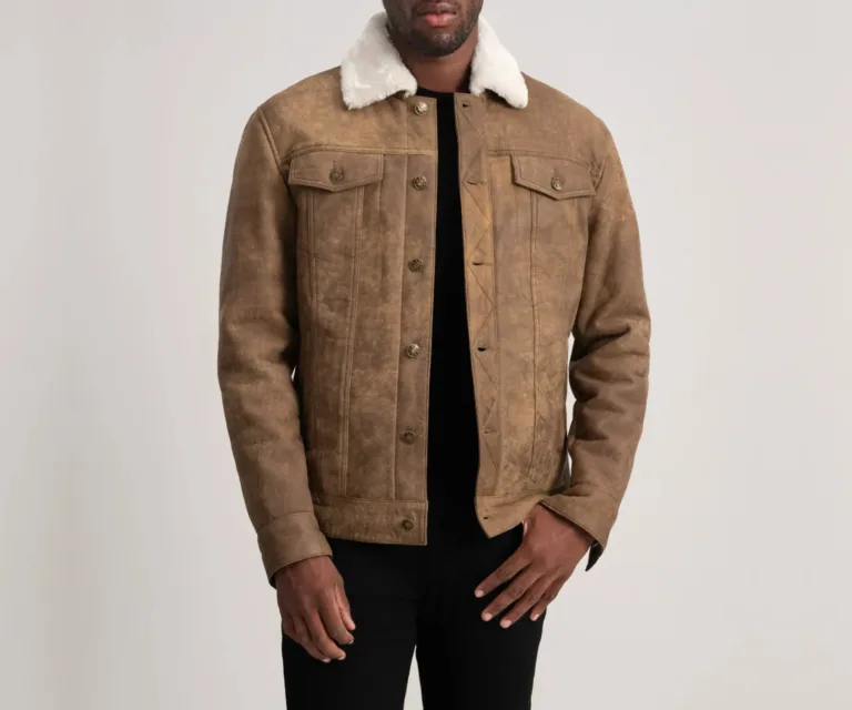 Dallis Distressed Brown Leather Shearling Trucker Jacket — Front Open Hero Presentation