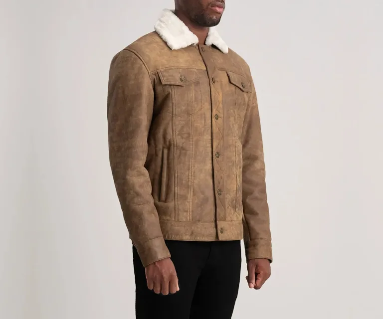Dallis Distressed Brown Leather Shearling Trucker Jacket — Quarter Angle Profile & Contoured Sleeve Detail