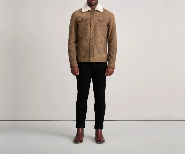 Dallis Distressed Brown Leather Shearling Trucker Jacket — Front Collar Fur & Buckle Detail